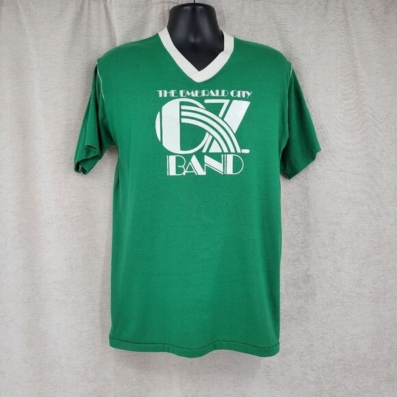 70s Single Stitch Green White Baseball Vneck Tee The Emerald City Oz Band Soccer - Picture 1 of 9
